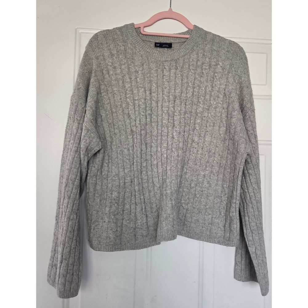 GAP Women Medium Gray Cable Knit Sweater Crew Neck Cotton Blend Pullover